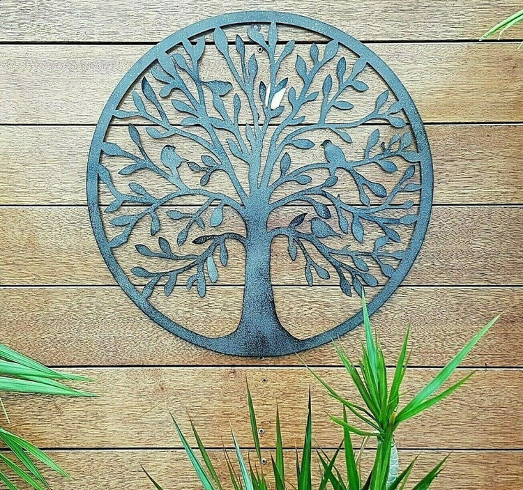 French Rustic 60cm Tree of Life & Birds Round Metal Wall Garden Art Sculpture