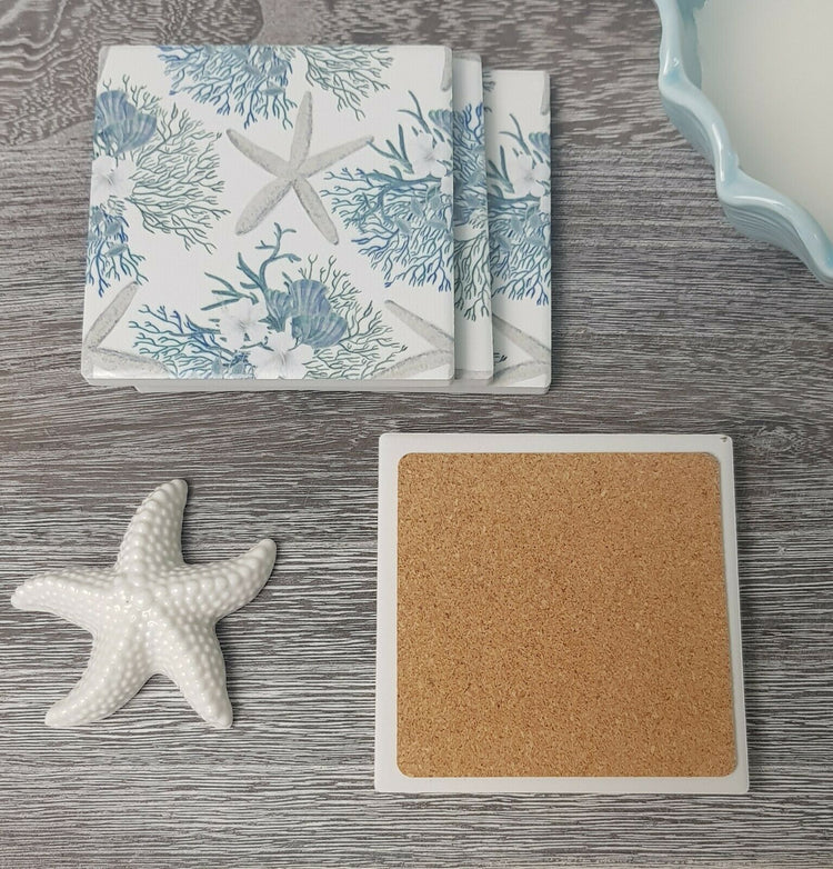 Hamptons Blue White ceramic Coaster 4 set Starfish