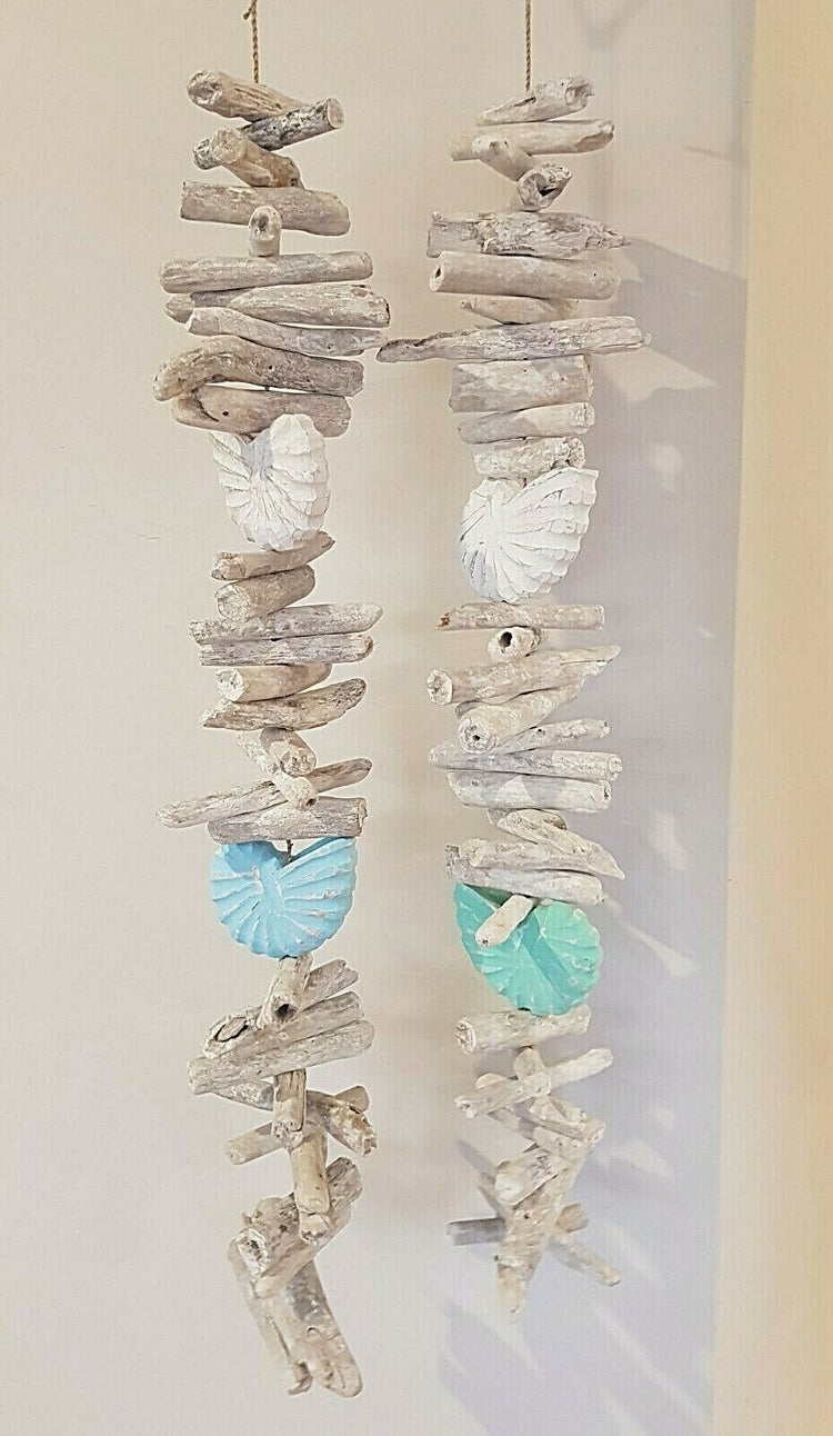 Coastal Driftwood Blue Shell Hanging Garland 100cm Hamptons Rustic White wash