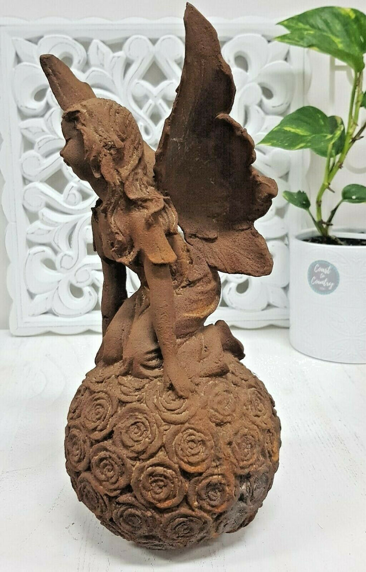 Fairy on Flower Ball Cast Iron Statue Garden Art Ornament French Sculpture 31cm