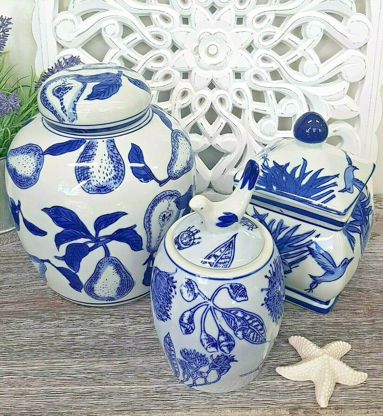 Hamptons Blue White Jar Flowering Gum w Bird Coastal Provincial Farmhouse 19cm