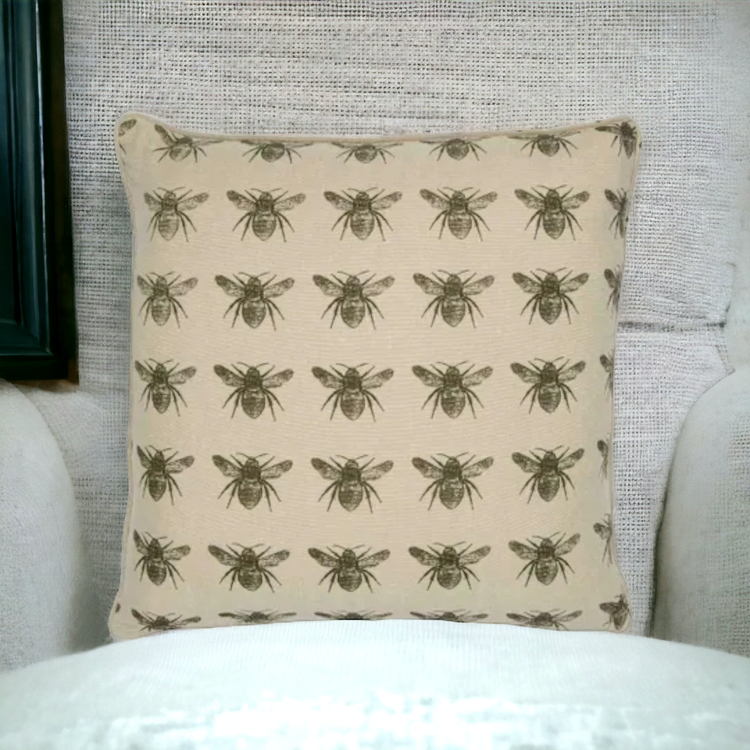 French Honey Bee Accent Cushion 45cm + Insert. Olive or Pale Blue